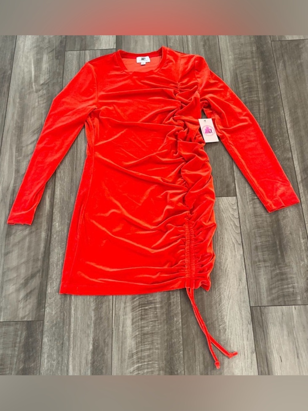 Juicy Couture Red Velvet Ruched Long Sleeve Mini Dress